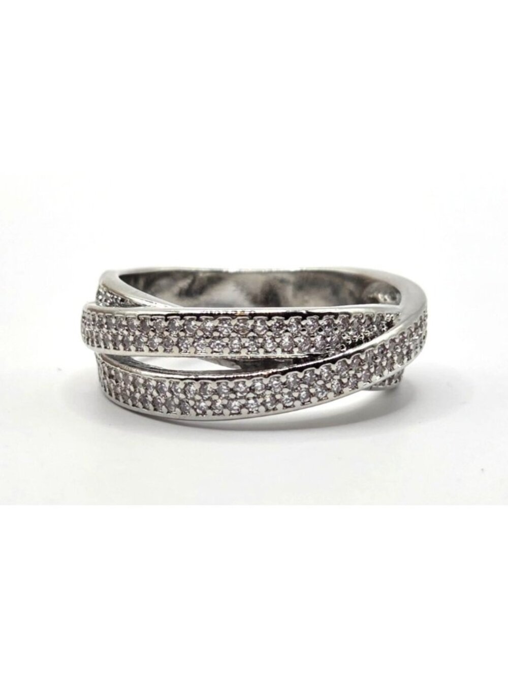 Crystal Pave Crossover Band Ring Silver-Tone Womens Size 7 Elegant Statement Jew